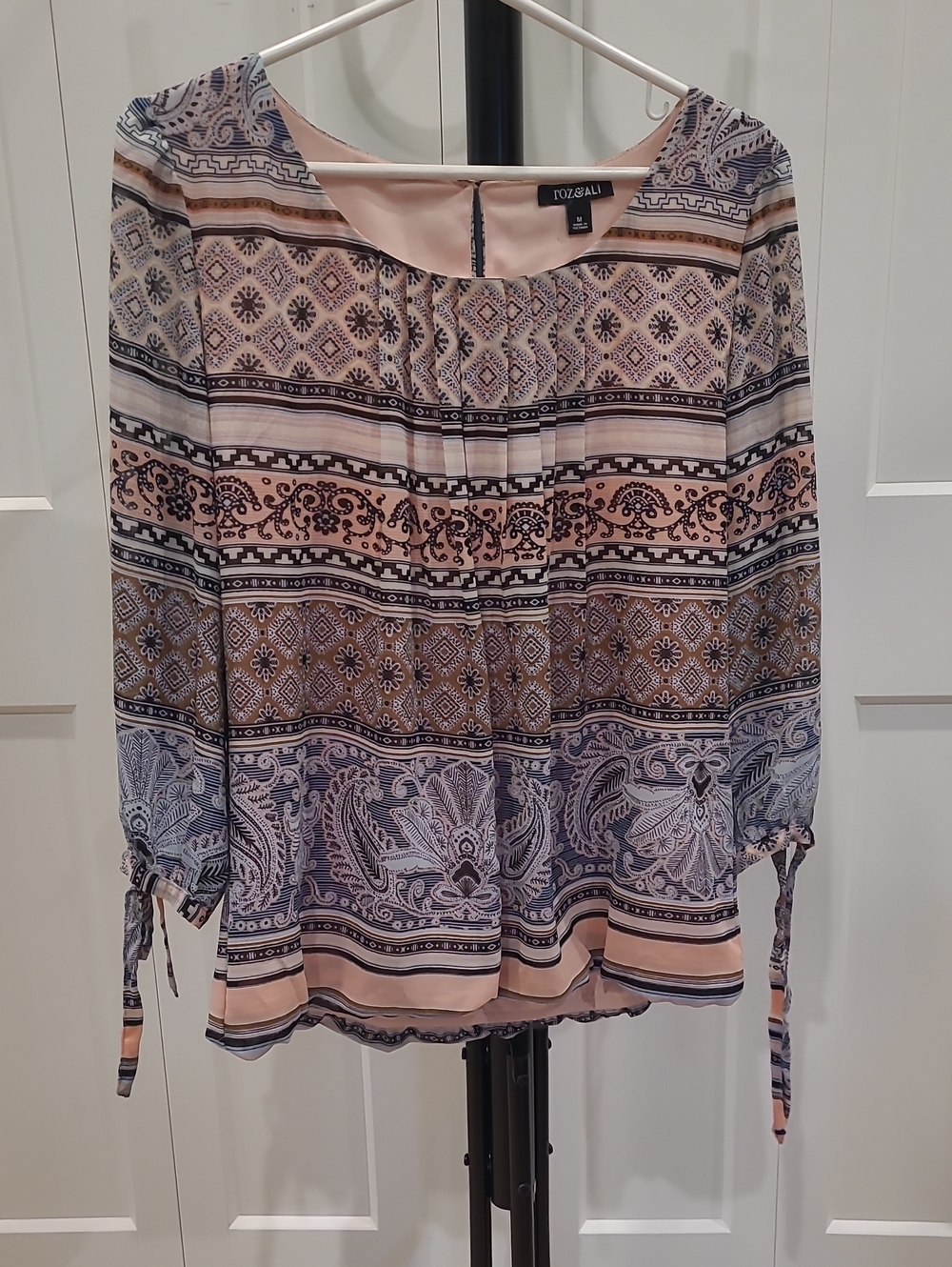 Roz & Ali Blush Pink and Navy Patterned Boho Top